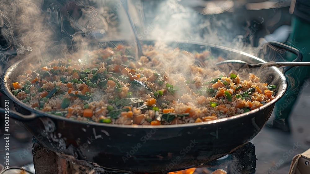 Preparation of tasty traditional Uzbek pilaf in cauldron at street food festival