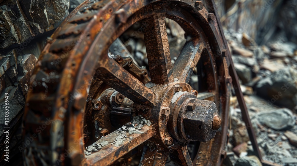 Abandoned industrial metal rusted wheel for cableway coal mining Abandoned industrial metal rusted wheel for cableway coal mining
