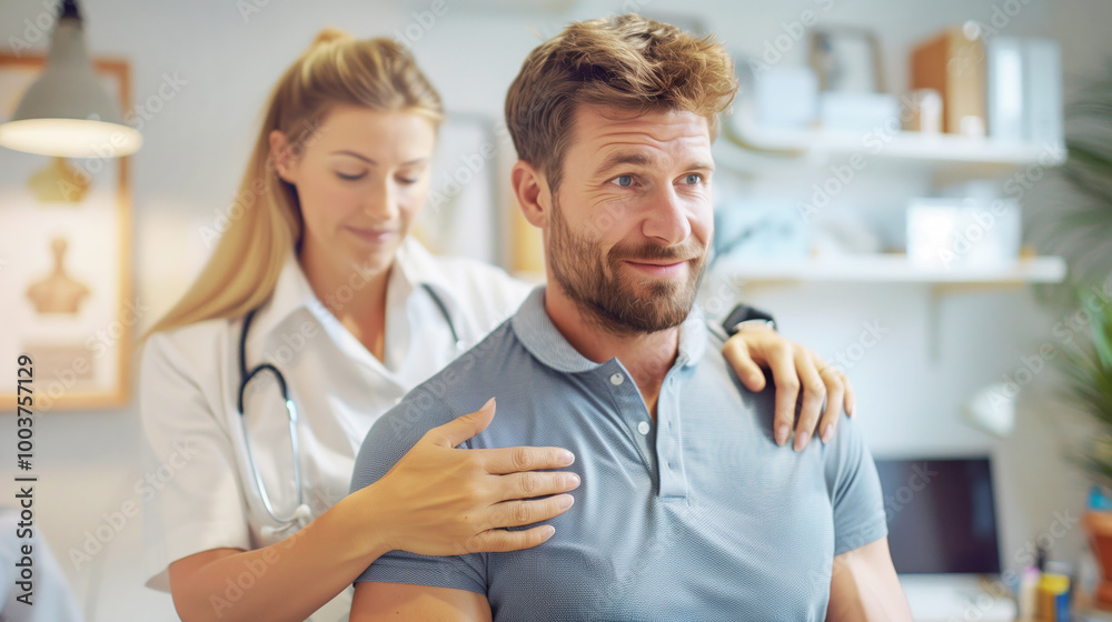 Fototapeta premium Female medic examining patient from behind