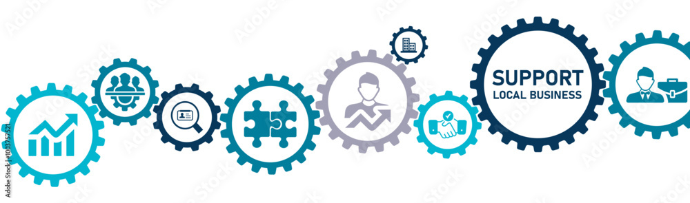 Support Local Business banner website icons vector illustration concept of with icons of jobs, community, trust, identity, economic & social development, public infrastructure. Support Local Business banner website icons vector illustration concept of with icons of jobs, community, trust, identity, economic & social development, public infrastructure.