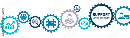 Support Local Business banner website icons vector illustration concept of with icons of jobs, community, trust, identity, economic & social development, public infrastructure.