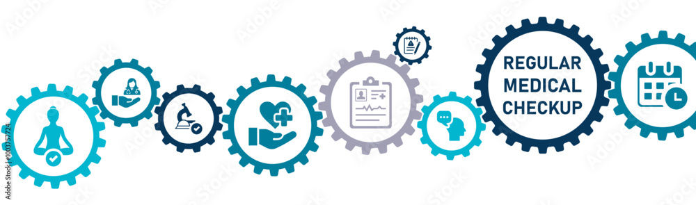 Regular Medical Checkup banner website icons vector illustration concept of with icons of diagnosis, health, wellness, care, assessment, consultation, monitoring, risk factor. Regular Medical Checkup banner website icons vector illustration concept of with icons of diagnosis, health, wellness, care, assessment, consultation, monitoring, risk factor.