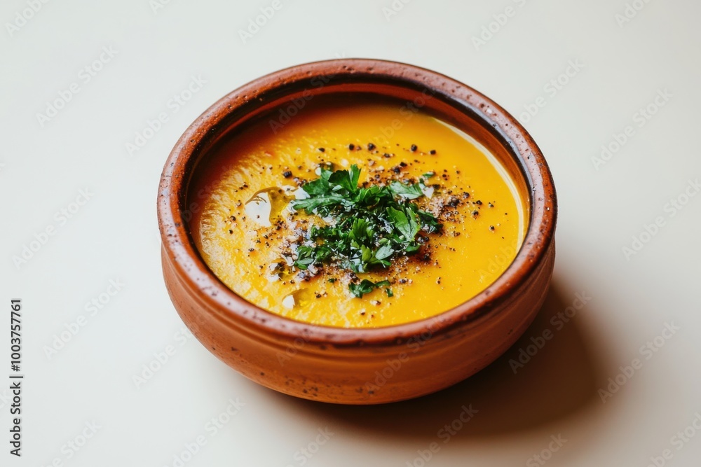 Rustic bowl of pumpkin soup garnished with herbs on a simple table setting in natural light