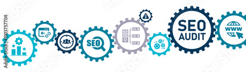 SEO Audit banner website icons vector illustration concept of with icons of search engine, website, backlink profile, traffic, technical health, ranking, error identification.