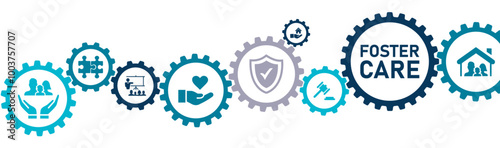 Foster Care banner website icons vector illustration concept of with icons of placement, family, advocacy, mentorship, responsibility, love, safety, support.