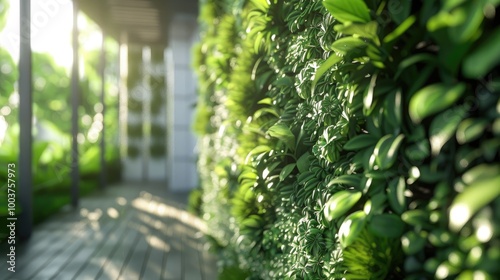 Photo view of a fresh green vegetal wall against a vertical structure to bring some freshness into a urban town or distrcit area to cool down the environment for heath of habitants vertical garden photo