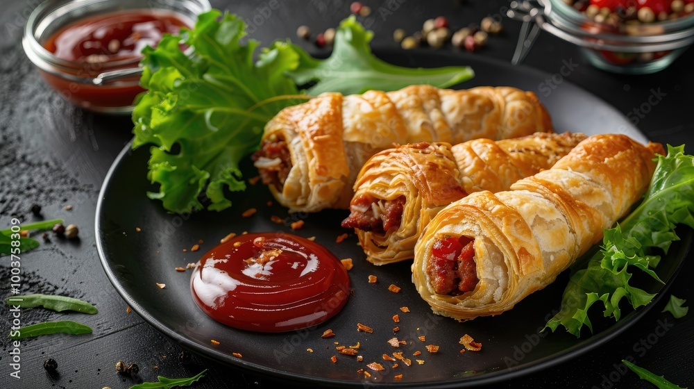 chorizo and semi dried tomato puff pastry rolls on black plate with ketchup and fresh lettuce leaves vertical view free space chorizo and semi dried tomato puff pastry rolls on black plate with ketchup and fresh lettuce leaves vertical view free space