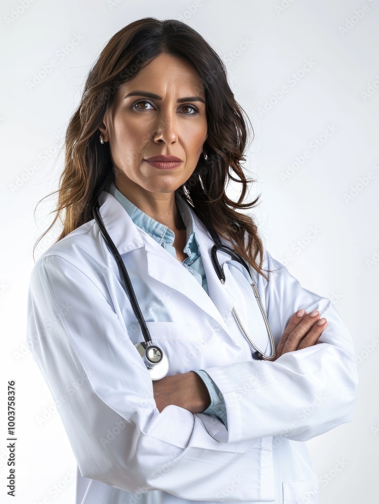 Portrait of successful female doctor, standing with arms crossed, isolated on white background. Portrait of successful female doctor, standing with arms crossed, isolated on white background.