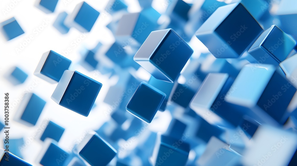 A lot of flying blue cubes on a white background. 3d render illustration. A lot of flying blue cubes on a white background. 3d render illustration.