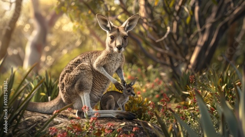 Kangaroo with her joey in pouch photo