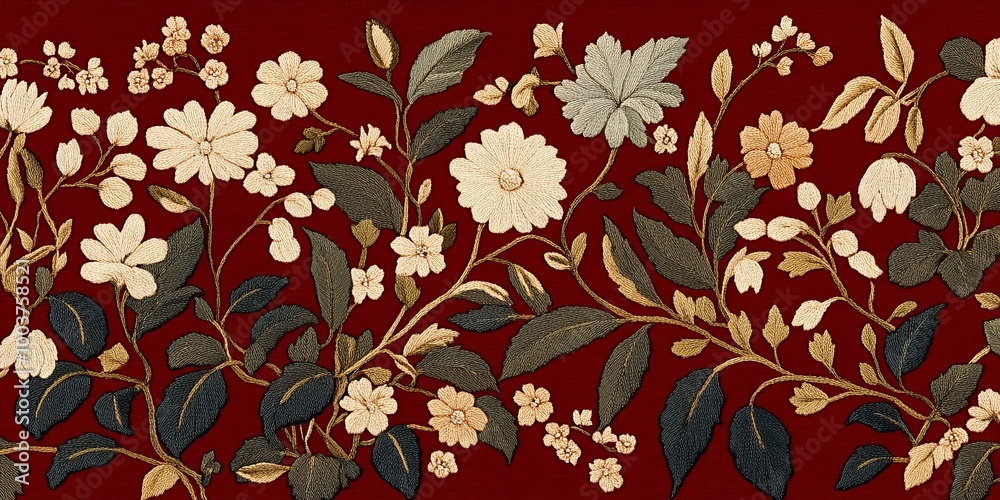 A floral design featuring intricate blossoms and leaves on a rich red background, showcasing elegance and natural beauty. A floral design featuring intricate blossoms and leaves on a rich red background, showcasing elegance and natural beauty.