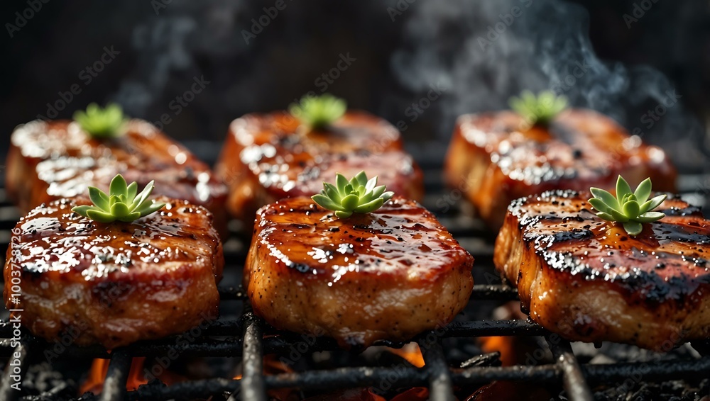 A close-up of succulent glazed meats cooking on a grill, showcasing tantalizing smoke.