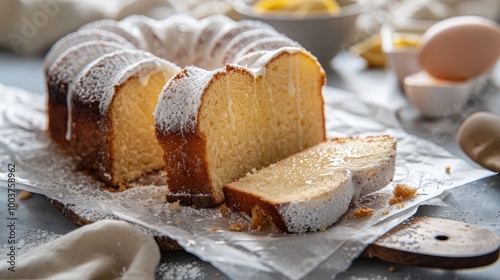 Classic vanilla pound cake with powdered sugar glaze sliced on parchment paper photo