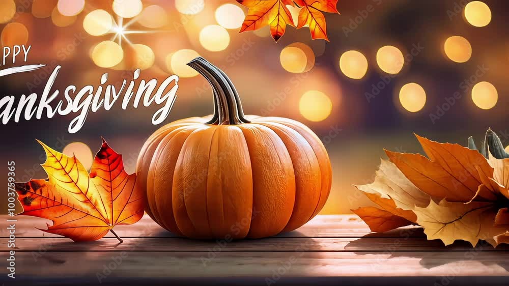 Close up of pumpkin with maple autumn leaves on wooden table and gold happy thanksgiving greeting text.