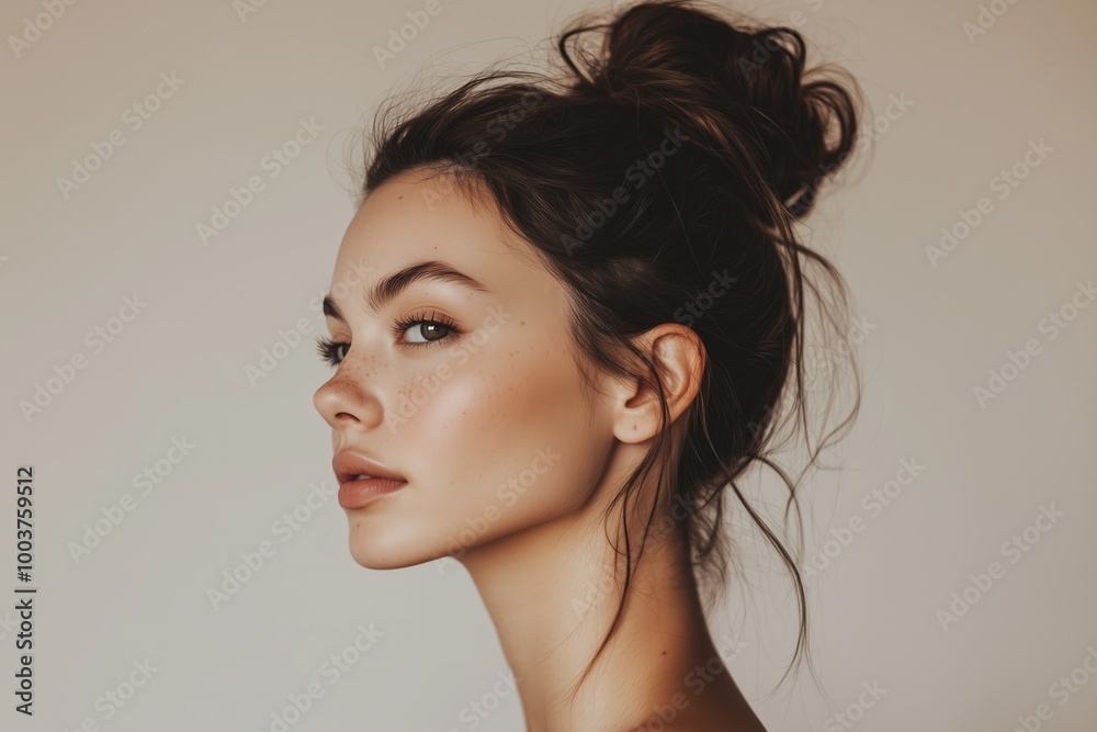 Side profile of a woman with a bun against a neutral background captured in soft light Side profile of a woman with a bun against a neutral background captured in soft light