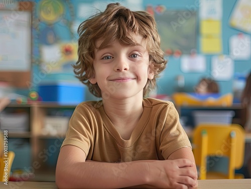 Smiling Young Boy in Classroom.