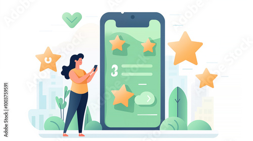 Girl with smartphone and stars. Concept of reviews and ratings