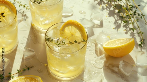 Meyer Lemon and Thyme Bees Knees Cocktails Gin cocktails made with Meyer lemon juice and garnished with thyme sprigs and a slice of lemon