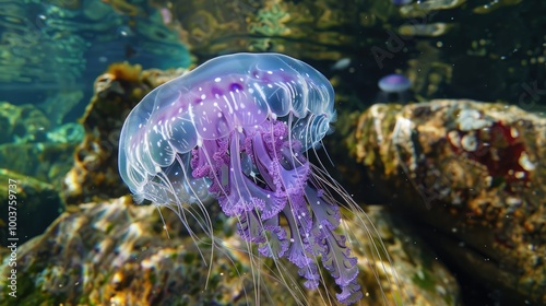Jellyfish Pelagia noctiluca also known as mauve stinger or purple striped jelly in shallow water on rocks on the Balearic Islands Marine life of the Mediterranean Sea photo