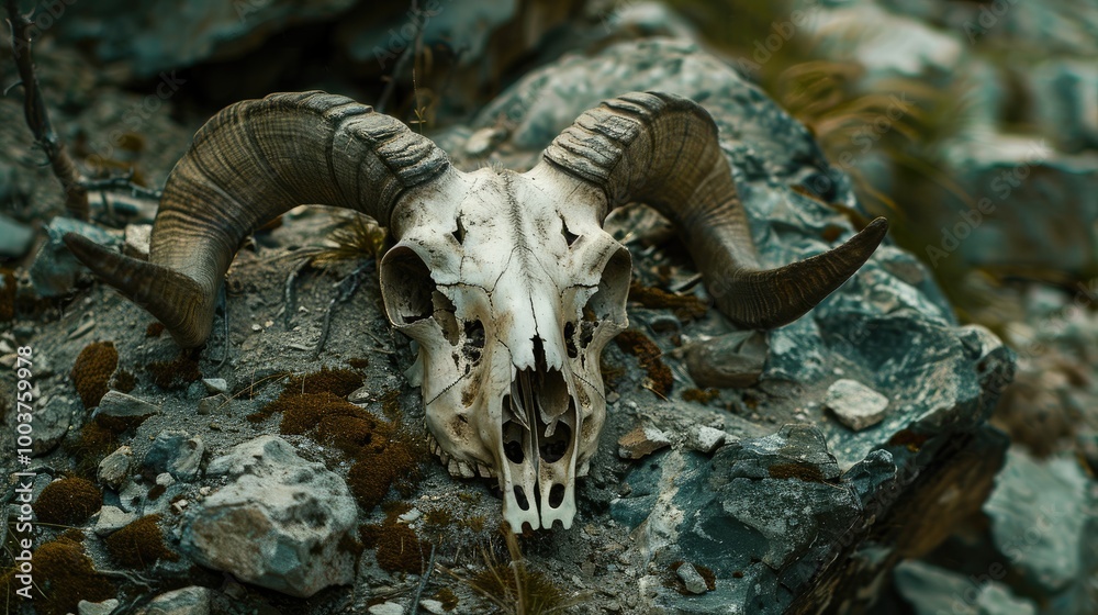 Wild goat Alpine ibex Skull and bones in nature