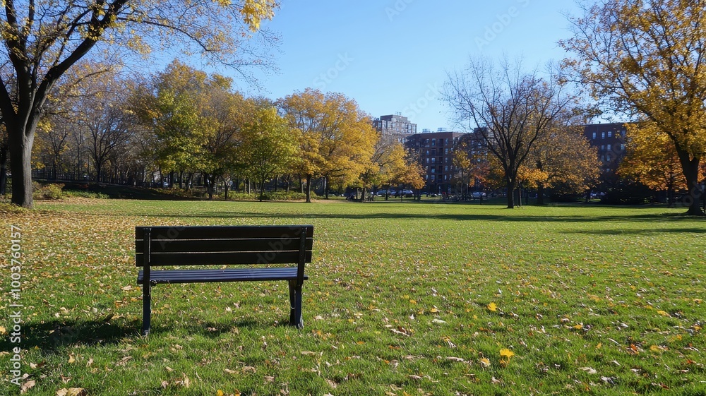 Lonely Bench in autumn Park with city view red and yellow maple trees and blue sky,Autumn forest path,Lawn in autumn city park in Sunny day,Trees with yellow leaves in park,Natural Wallpaper. Lonely Bench in autumn Park with city view red and yellow maple trees and blue sky,Autumn forest path,Lawn in autumn city park in Sunny day,Trees with yellow leaves in park,Natural Wallpaper.