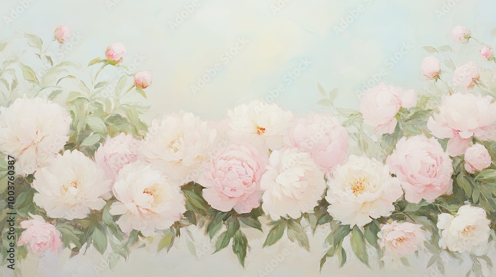 A soft and serene illustration of pink peonies with delicate green leaves, offering a tranquil ambiance.shabby chic wallpaper. A soft and serene illustration of pink peonies with delicate green leaves, offering a tranquil ambiance.shabby chic wallpaper.