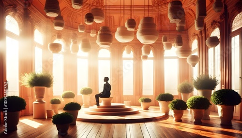 Serene silhouette in a sunlit room adorned with floating plant pots, enveloped in a warm golden glow from expansive windows photo