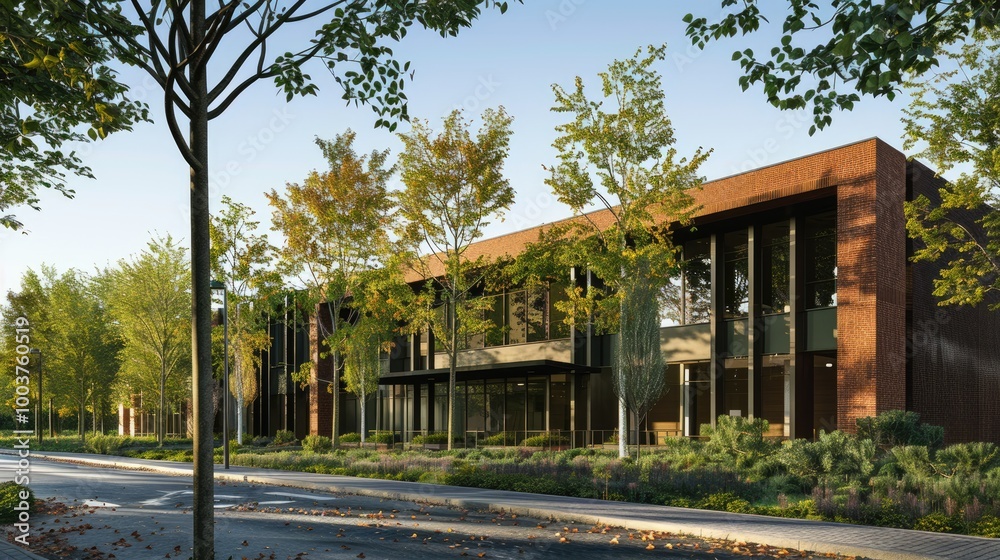 Modern long brown brick business building in urban setting with trees in front Modern long brown brick business building in urban setting with trees in front