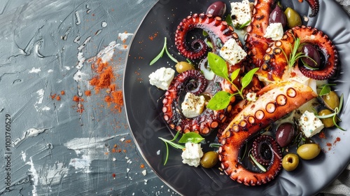 Modern style traditional Greek chtapodi scharaswith barbecued octopus olives and feta cheese offered as top view on a Nordic design plate with copy space left photo