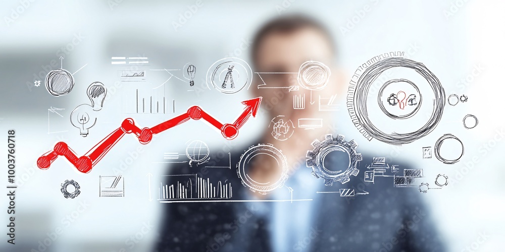 A business strategy visualization with a man in a blurred background drawing on a transparent surface. Various white hand-drawn icons and words such as 'Betting Strategy,' 'Wagering,' 'Odds,' 'Goals,' A business strategy visualization with a man in a blurred background drawing on a transparent surface. Various white hand-drawn icons and words such as 'Betting Strategy,' 'Wagering,' 'Odds,' 'Goals,'