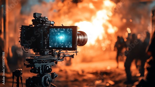 A film camera captures a dramatic scene with a fiery explosion in the background.