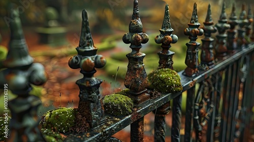 Wrought Iron Fence Detail Rust and Moss Shallow Depth Field photo
