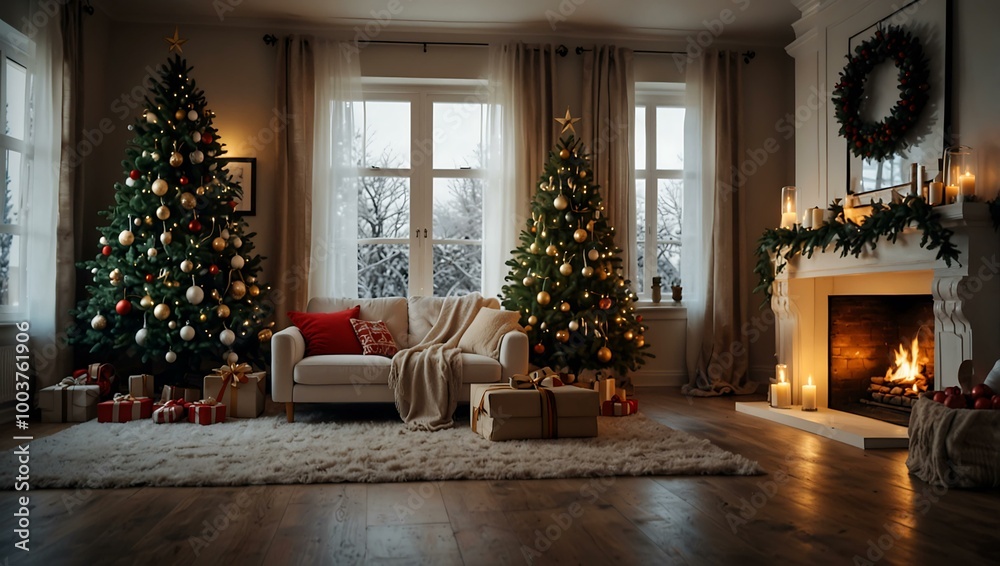 A cozy interior decorated for Christmas with a tree and presents. A cozy interior decorated for Christmas with a tree and presents.