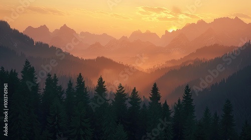 Mountain silhouettes with a forest at sunset