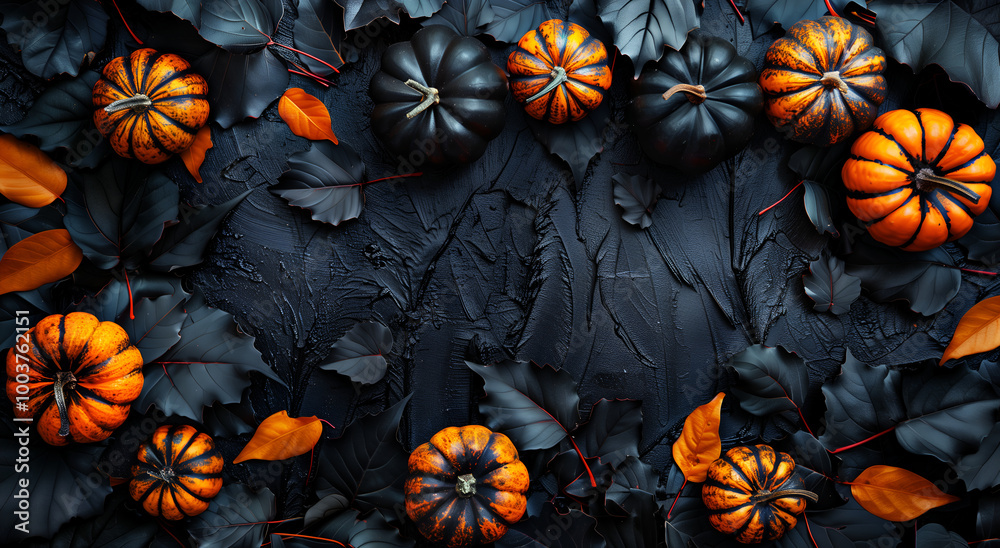 Halloween background with pumpkins and black leaves on an orange, dark grey, and black color background.
Halloween background with pumpkins and black leaves on an orange, dark grey, and black color background.