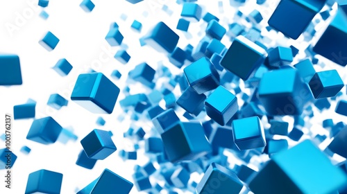 A lot of flying blue cubes on a white background. 3d render illustration.