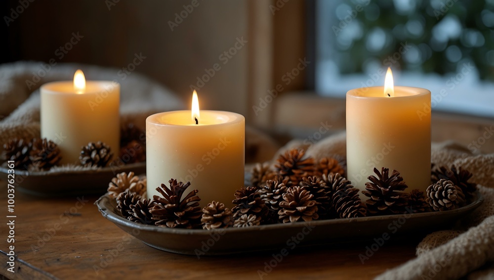 A cozy setting with candles and pinecones for a warm winter atmosphere. A cozy setting with candles and pinecones for a warm winter atmosphere.