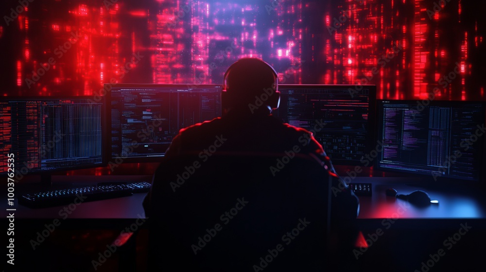 High-Tech Surveillance, Individual surrounded by code and data streams on screens, Cyber operations and network security