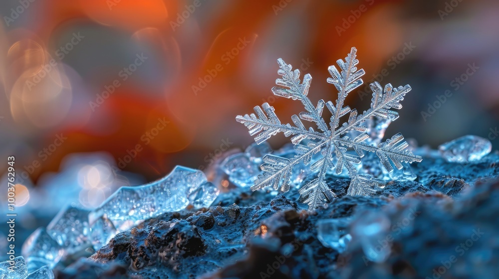 Beautiful Macro Snowflake on Frozen Rock Beautiful Macro Snowflake on Frozen Rock