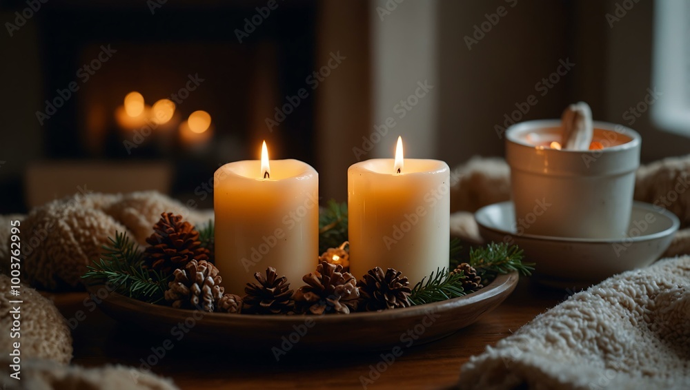 A cozy winter setup with a glowing candle surrounded by holiday decor. A cozy winter setup with a glowing candle surrounded by holiday decor.
