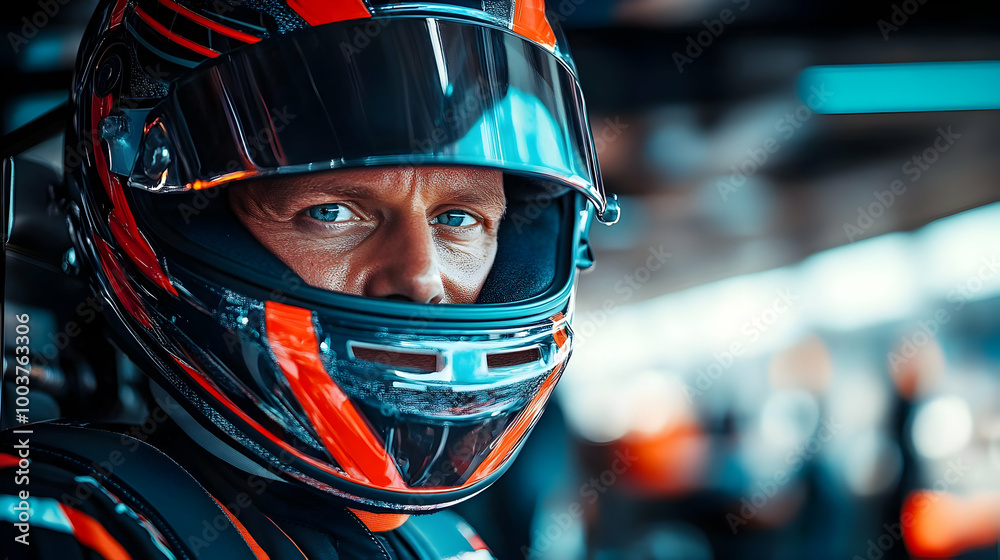 Racing Helmet Close Up, Driver Focus and Determination Racing Helmet Close Up, Driver Focus and Determination
