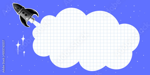 Banner with rocket launch and speech bubble with checkered notebook texture. Business startup concept. Modern collage. Newspaper cut out elements. Sale banner. Announcement concept