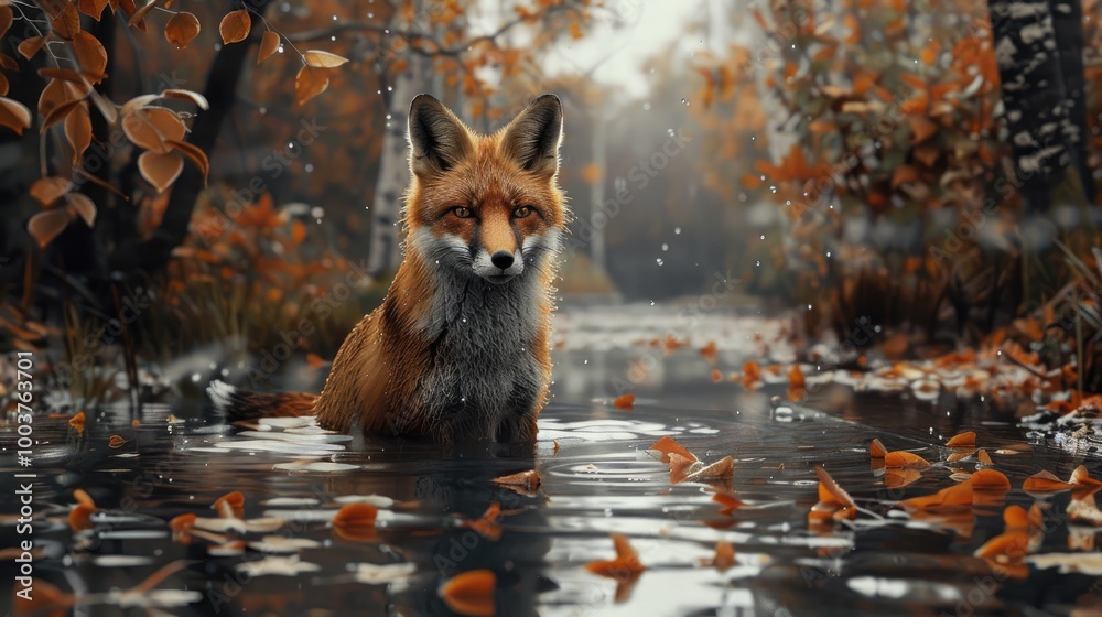 Fototapeta premium Red fox looking to the camera on flood in autumn nature