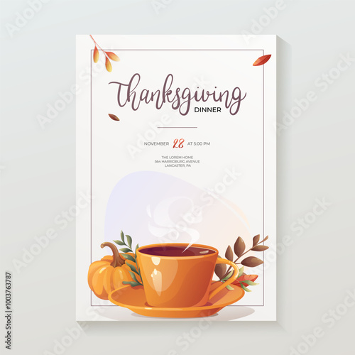 Thanksgiving Day invitation card design on the white background. Pumpkin, hot tea, autumn leaves. A4 vector illustration for poster, banner, special offer.