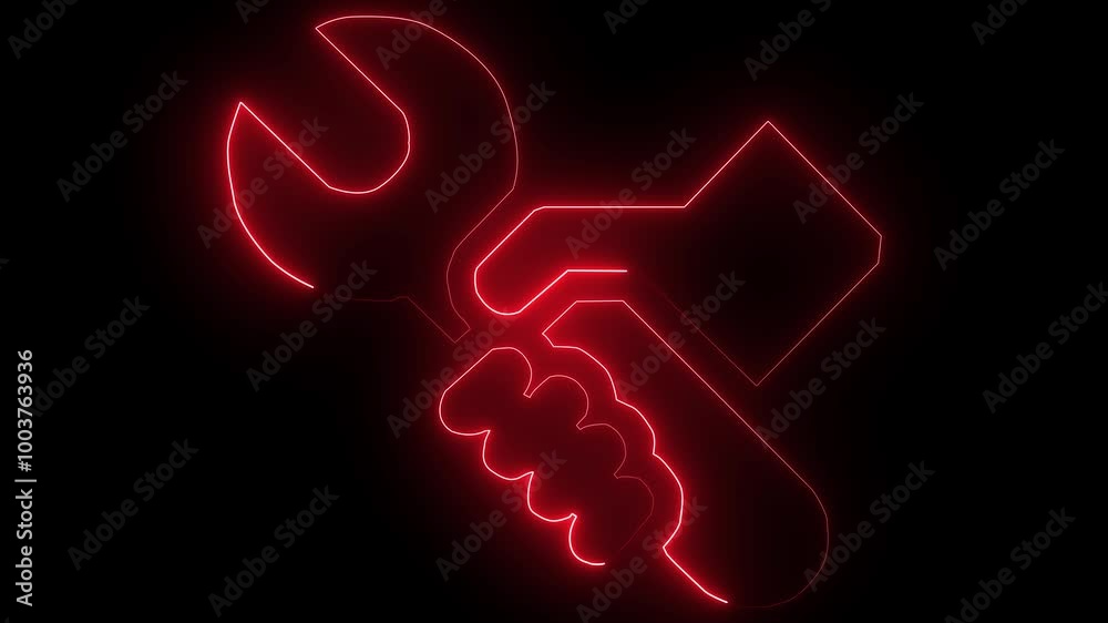 Glowing neon red color technology hand icon cover a setting icon animation .black background. Glowing neon red color technology hand icon cover a setting icon animation .black background.