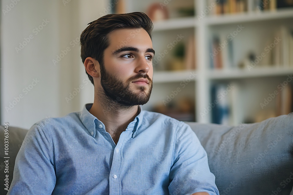 Thoughtful man sitting in a living room Thoughtful man sitting in a living room