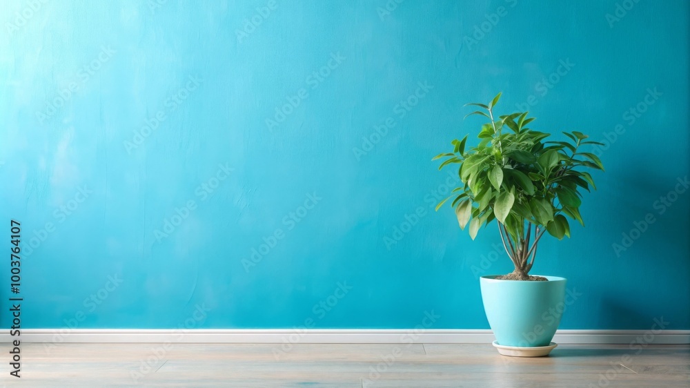 Stylish turquoise wall and plant in contemporary space Stylish turquoise wall and plant in contemporary space