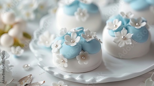 White and blue first communion desserts in fondant