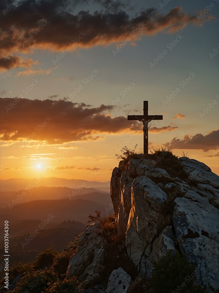 A crucifix symbolizing faith glows in the sunset atop a mountain. A crucifix symbolizing faith glows in the sunset atop a mountain.