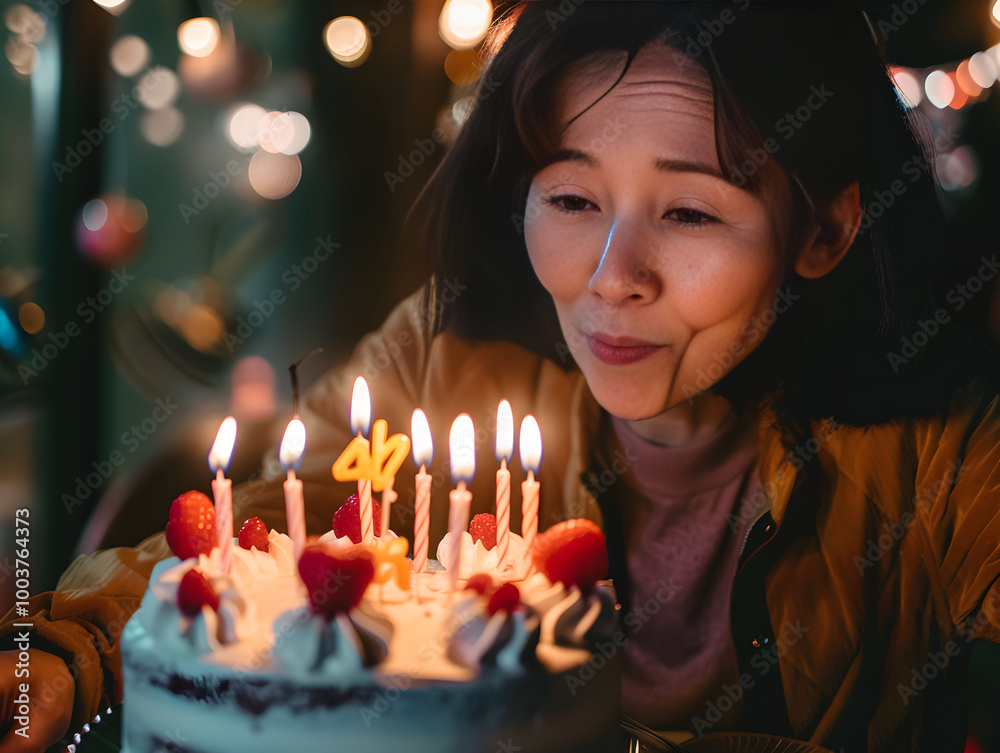 Person in a party hat blowing out candles on a birthday cake surrounded by decorations. Person in a party hat blowing out candles on a birthday cake surrounded by decorations.